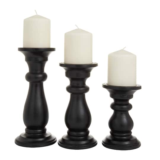 Set of 3 Black Mango Wood Traditional Candle Holders
